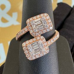 14k rose gold baguette diamond bypass ring