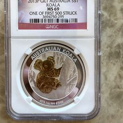 2013P 1oz NGC MS69 GILT AUSTRALIA KOALA SILVER COIN 