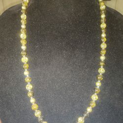 Vintage Amber Crystal Beads w/Etched Stars & Faux Pearls Necklace 26" Vintage