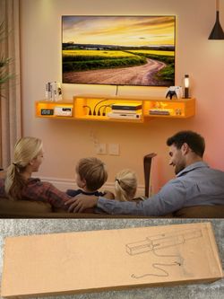 100% Brand New in box Wood Floating TV Stand with LED Lights, Storage Shelving, Book Shelf, starting from $30