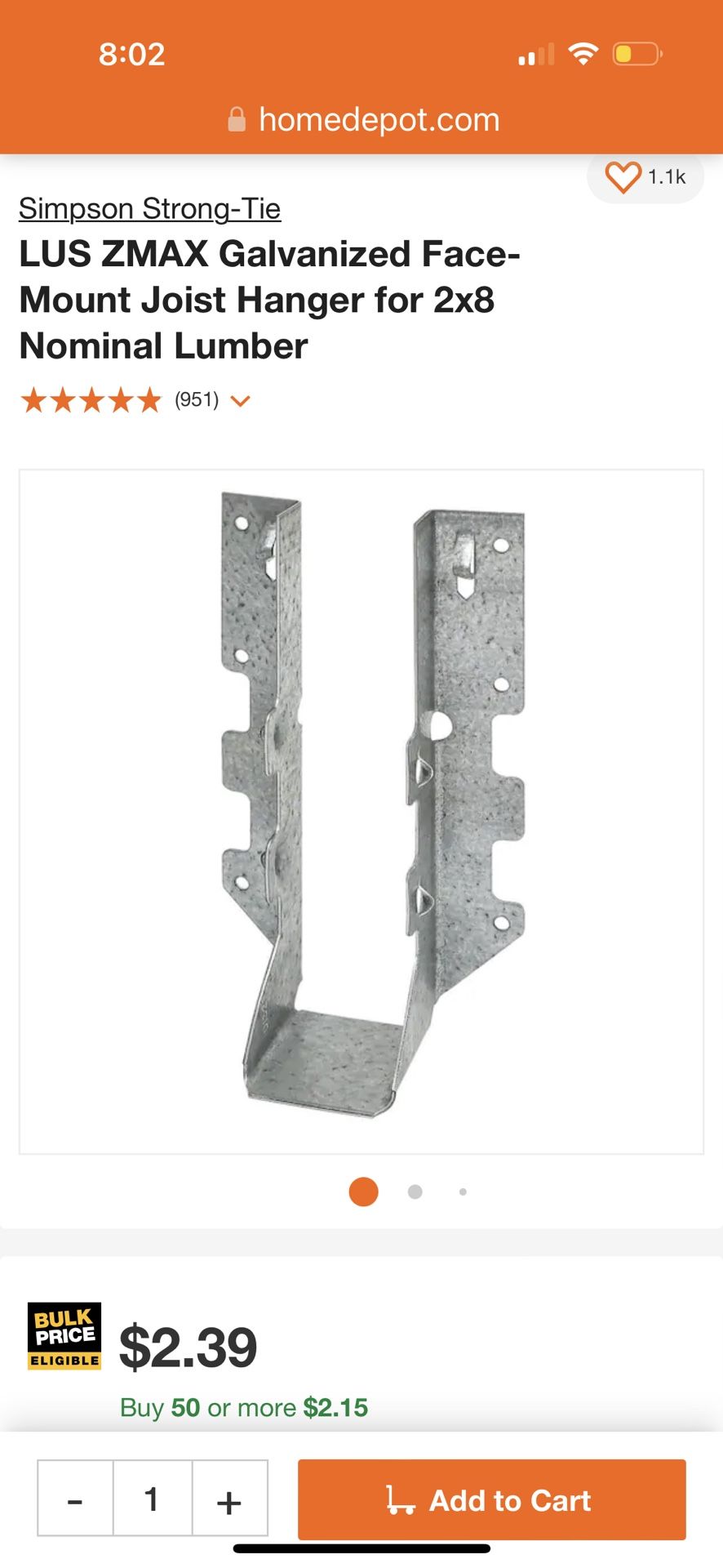LUS Galvanized Face-Mount Joist Hanger for 2x8 Nominal Lumber