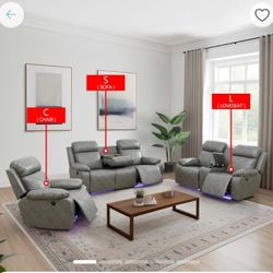 Grey Breathing Leather 3 PCs Sofa Set 