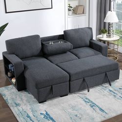 pull-out sofa bed, upholstered in sleek dark grey fabric - Sofa Cama