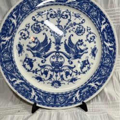 Rare Antique Stamped Lamberton China Railroad Blue Flying Griffin 12” Charger Plate