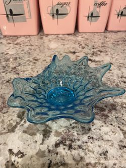 Vintage Fenton Blue Glass Thumbprint Bonbon Candy Dish MCM 