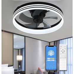 20" Modern Ceiling Fans with Lights and Remote, Flush Mount Bladeless Dimmable Ceiling Lights, Stepless Color Temperature Changes Low Profile Ceiling 