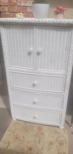 Vintage wicker tall boy chest, spin sofa, kid desk