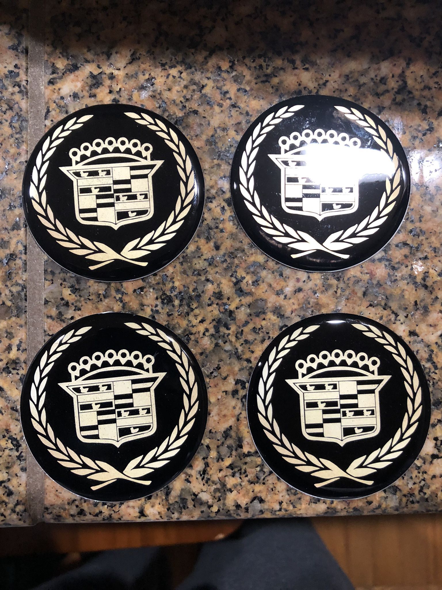 Set Of 4 2.25” Cadillac Gold & Blk KO’s Chips Emblems 