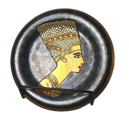 ​Vintage Egyptian Revival Nefertiti Mixed Metal Wall Plating - 6" Etched Brass