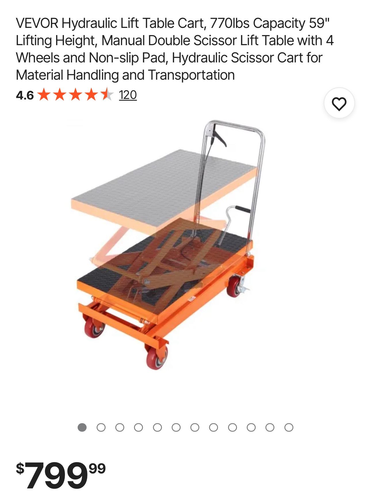 VEVOR Hydraulic Lift Table Cart, 770lbs Capacity 59" Lifting Height