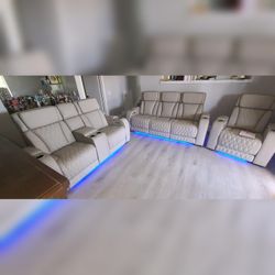 3PC Beige Leather Power recliner sofa set with LED USB wireless charging