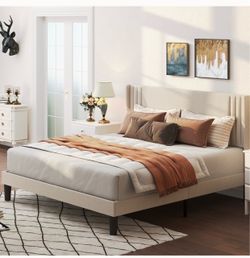 Full Size Beige Upholstered Platform Bed Frame with Wingback Headboard