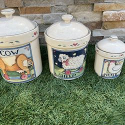 Vintage Susan Winget Canister Set 3 Cookie Jar Coffee Tea Cow Sheep Hen