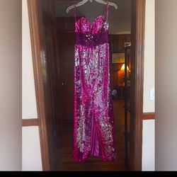 PINK AND SILVER HAND BEADED SEQUIN PROM|PAGEANT|FORMAL GOWN