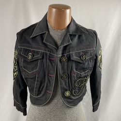 Women’s Vintage Y2K Baby Phat Embroidered Button Down Denim Jacket Black Studded Size XL  