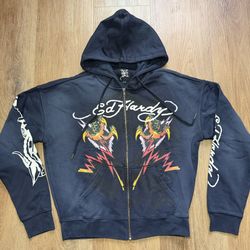 Ed Hardy Tiger Flame Boxy Men Navy Blue Zip Up Hoodie Size XL