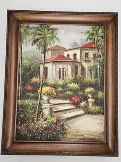 Framed Oil Painting Tropical Villa Garden Scene