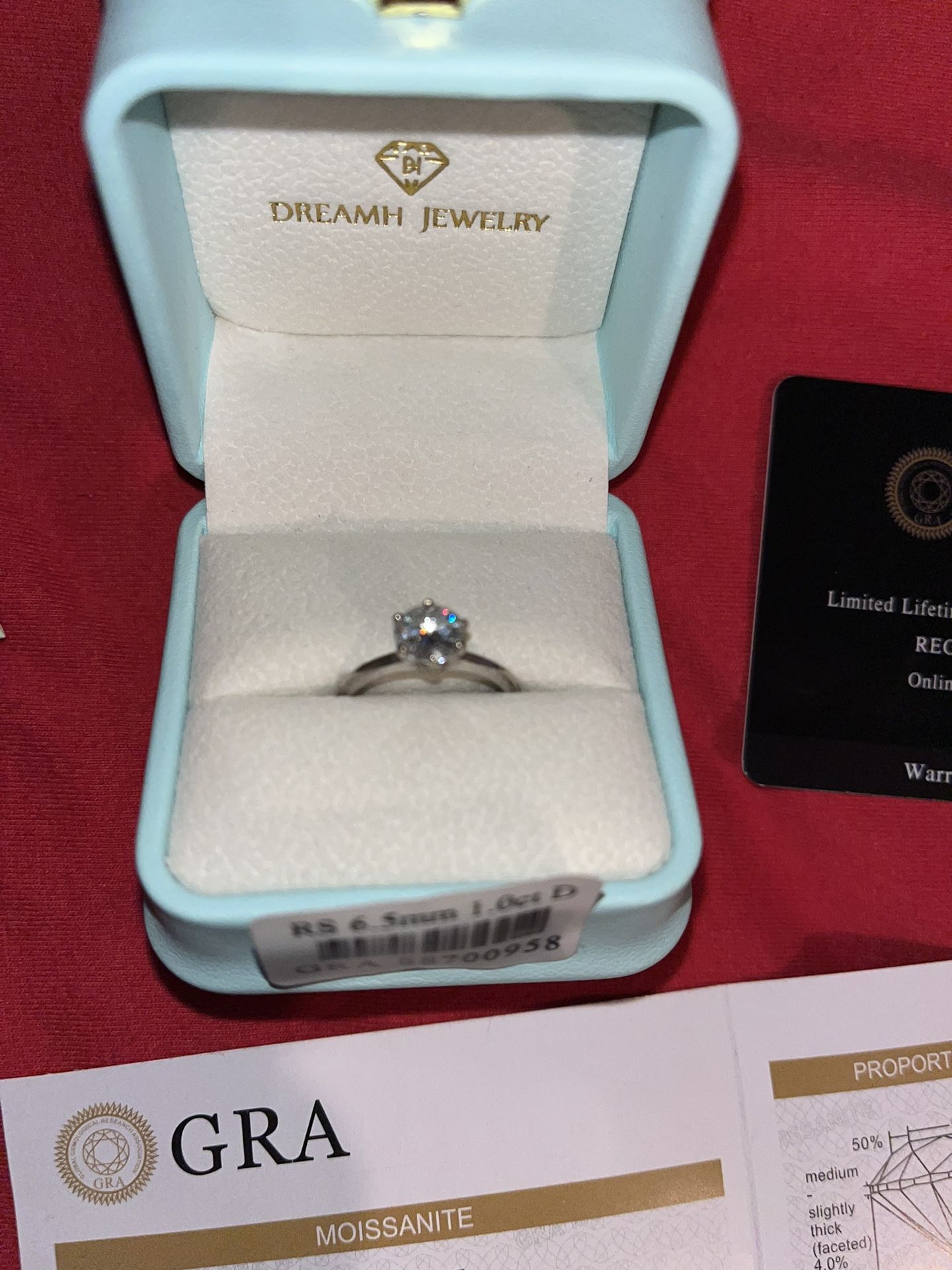 GRA Certified Moissanite VVS1 1ct Diamond Ring Size 6.5
