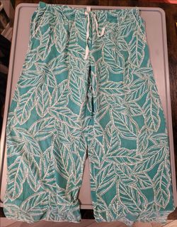 🌴 Stars Above Teal Tropical Leaf Cotton Beach Pants – Women’s XXL – Resort/Summer