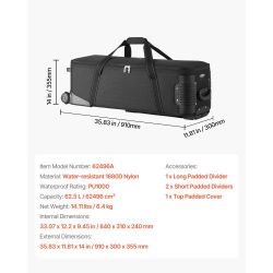 VEVOR Studio Equipment Trolley Case, 35.83 x 11.81 x 14 in / 91 x 30 x 35.5 cm, Rolling Camera Bag, Carrying Bag with Wheels Straps Padded Compartment