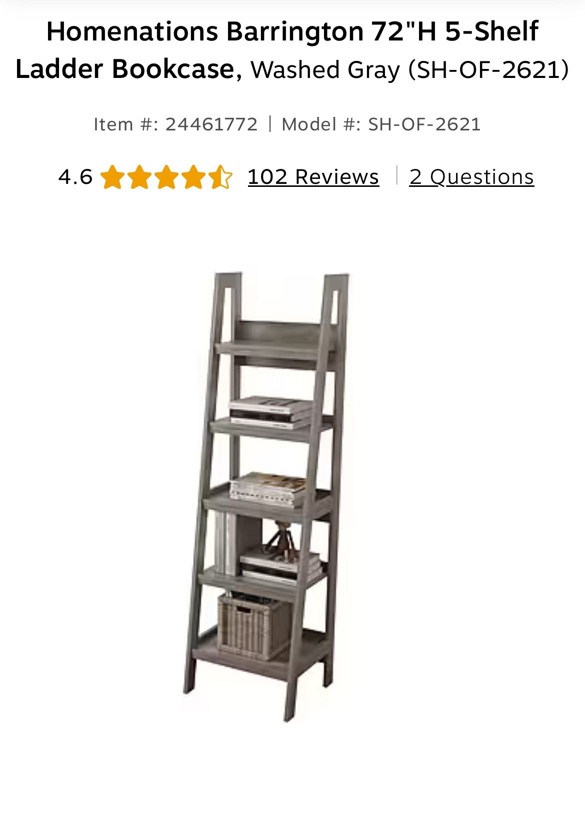 Washed Gray Homenations Barrington 72’’ H 5 - Shelf Ladder Bookcase