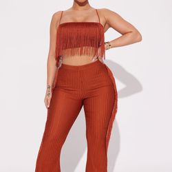 Fashion Nova Rust Orange Fringe Pants Set