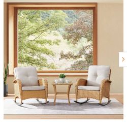 3-Piece Yellow Wicker Patio Conversation Set with Beige Cushions and Coffee Table Flat Handrail Rocking Chairs Pocassy - 3-Piece Yellow Wick