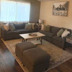 2 Dark Grey, 3 Seater Couches w/ 2 Ottomans
