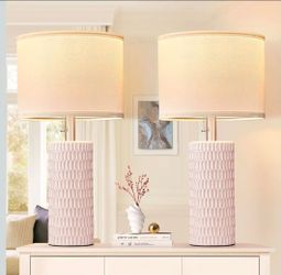 Table Lamps for Living Room Set of 2, Ceramic Table Lamps for Bedroom, 20" Modern Lamps for Night Stands, Pink