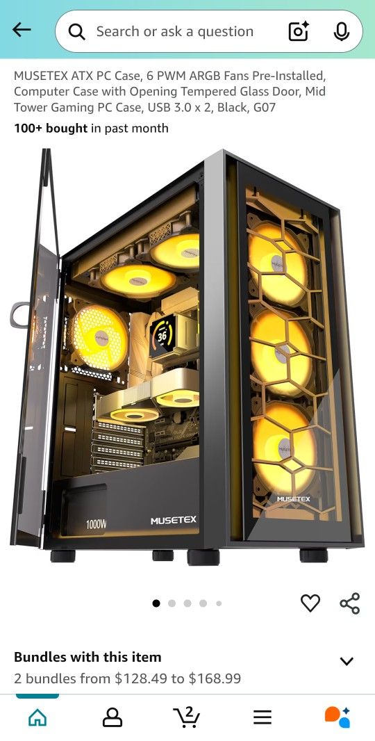 MUSETEX ATX PC Case, 6 PWM ARGB Fans Pre-Installed, Computer Case with Opening Tempered Glass Door, Mid Tower Gaming PC Case, USB 3.0 x 2, Black, G07