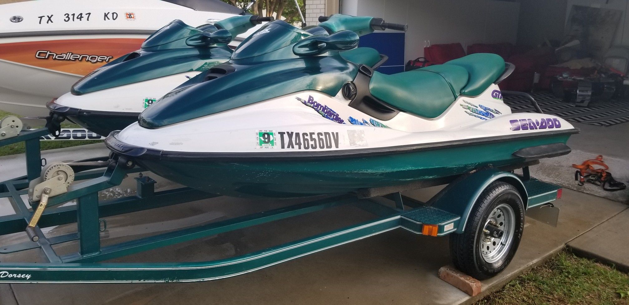 Pair of 1997 Seadoo GTX 3 seater jet skis with matching double trailer