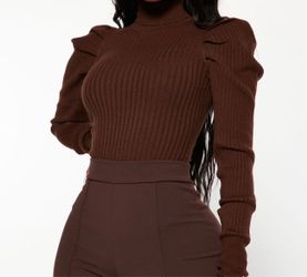 Brown Ribbed Knit Puff Shoulder Sweater