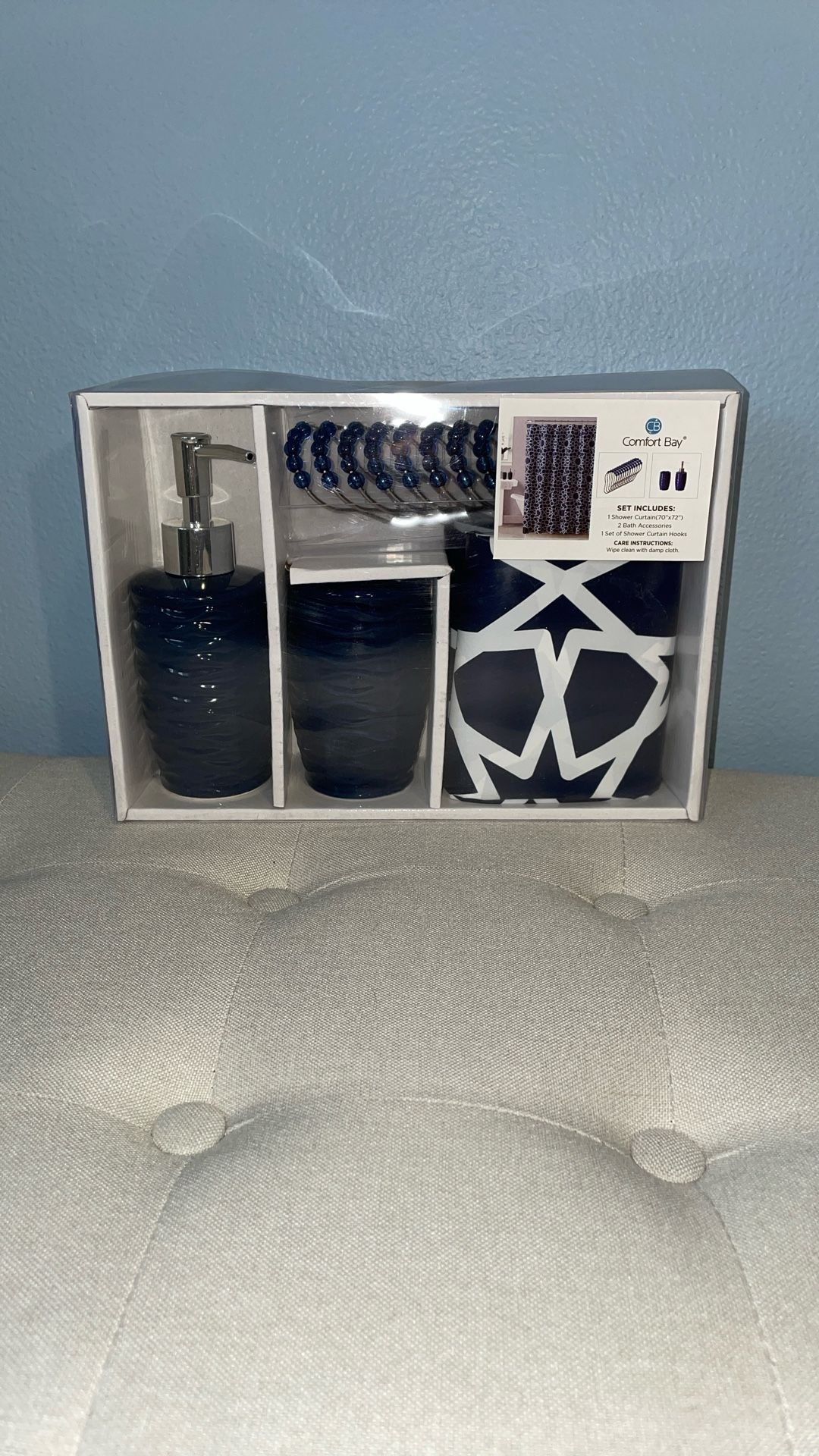 New! BLUE 4 Piece Set SHOWER CURTAIN BATHROOM SET Soap Dispenser Toothbrush Holder Curtain And Rings