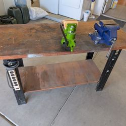 Solid Metal And Wood Workbench W/ 2 Vices