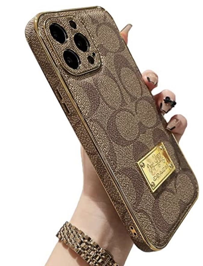 Designer iPhone 13 Pro Max Case for Women Luxury 6.7 inch, Leather Back Edge with Plate Gold Rim Classic Pattern Bling Glitter Nameplate Camera Protec