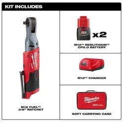 Milwaukee M12 FUEL 12V 3/8 in. Ratchet Kit with (2) 2.0Ah Batteries, Charger, & Case