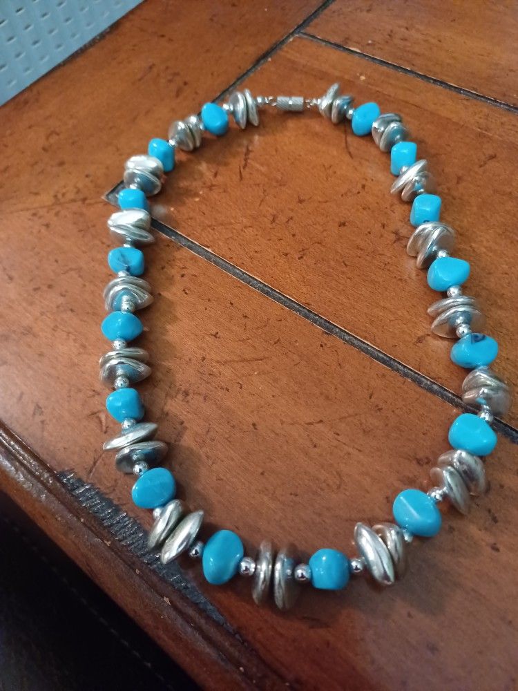 Beaded Necklace..Turquoise Color and Silver Color