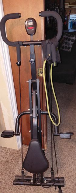 Sunny Health & Fitness Row-N-Ride Squat Machine Bundle + Mat, Weights, and Resistance Bands