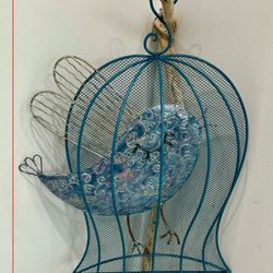 One of a Kind Hand Painted Hanging Metal Bird in a Birdcage 