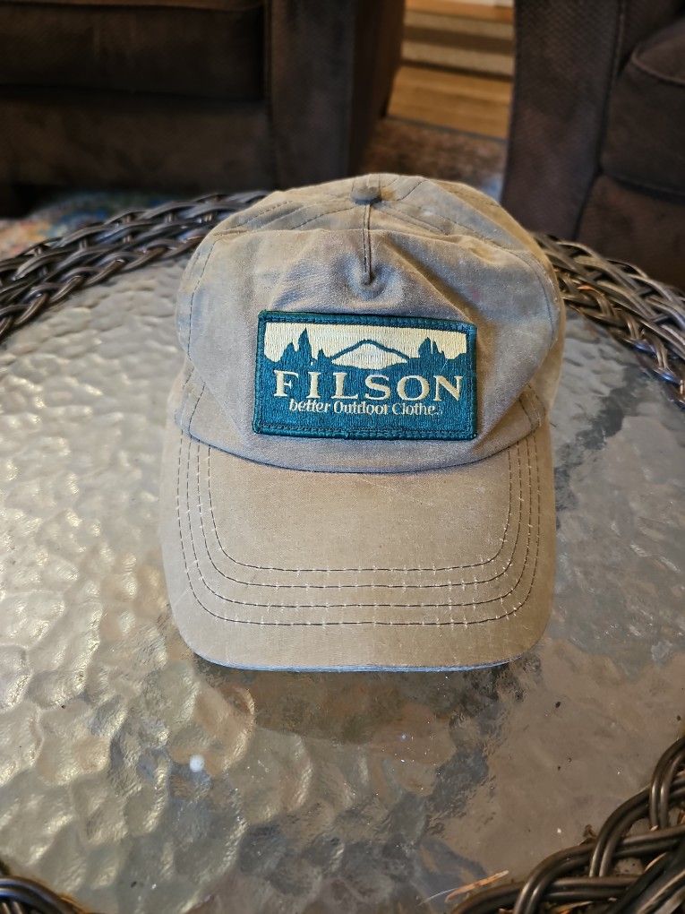 Vintage Filson Cap Dark Tan Khaki Oil Tin Cloth Leather Snap back