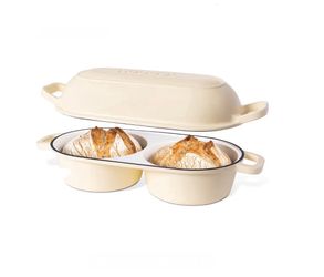 nuovva Dutch Oven For Sourdough Bread Baking - Enamelled Cast Iron Bread Loaf Pot - 500°F Oven Safe Non Stick Bread Pot - Double Round Loaf Space, 16.