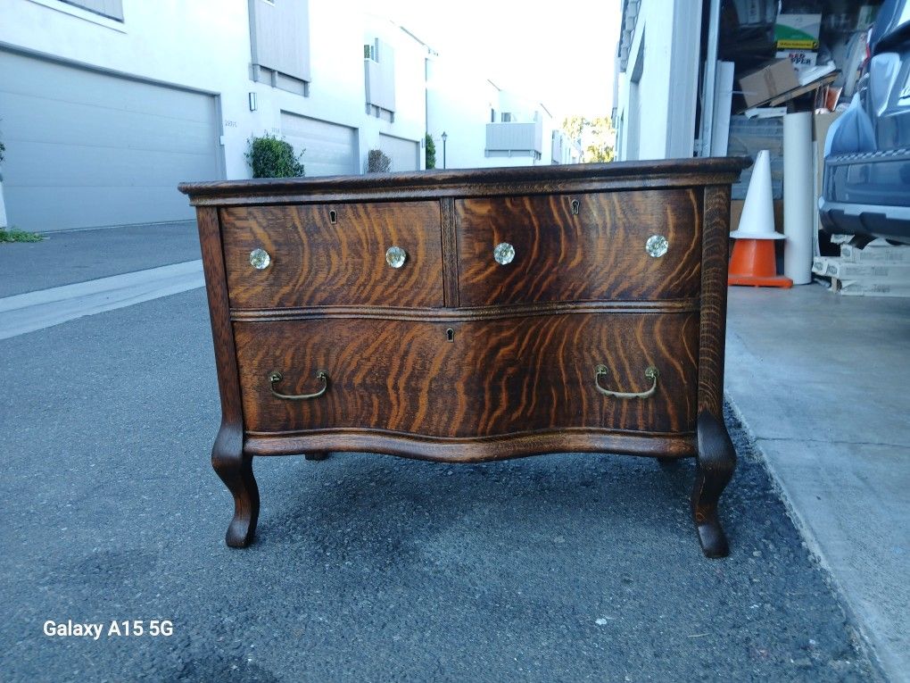 Antique Curved Tiger Oak Drawer Stand