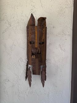 Michael Monfort Brutalist Metal Totem Mask Coyote Wolf Sculpture Turquoise Eyes