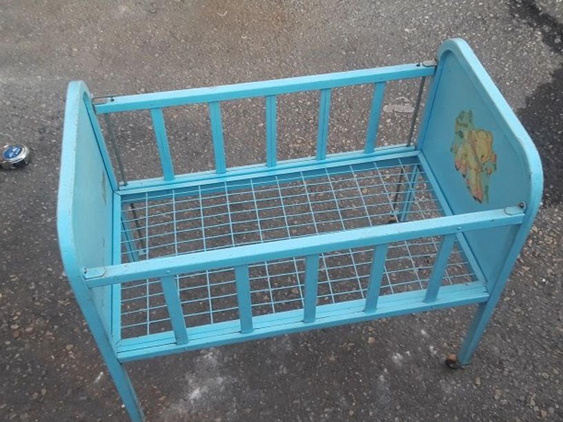 Vintage 1950's Amasco Doll Blue Metal Crib Bed With Drop Down Side Excellent Condition