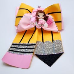 Pencil Hair Bow: Handmade Ribbon, Rhinestone & Clay - Back to School