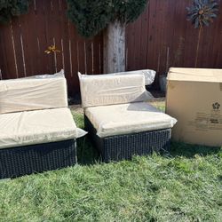 Black outdoor chairs with beige cushions - New in Box
