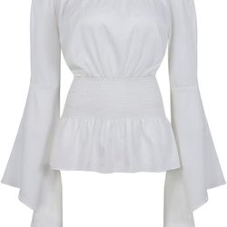 Womens Renaissance Blouse Off Shoulder Trumpet Long Sleeve Peasant Tops Medieval Victorian Costume