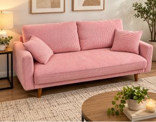 Pink Corduroy 3-Seater Sofa with Wood Legs