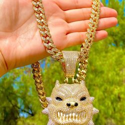 ✅🔥🔥Men's Miami Cuban Link Chain Necklace, 14K Gold 5X Layered Cuban Chain, Angry Pitbull Medallion Necklace, CZ Diamond Pendant Iced 