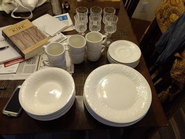 White Floral Dishes and Crystal Glasses